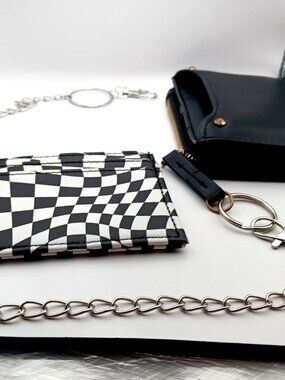 Black + White Skater Checkered Wallet with Removable Card Holder + Chain